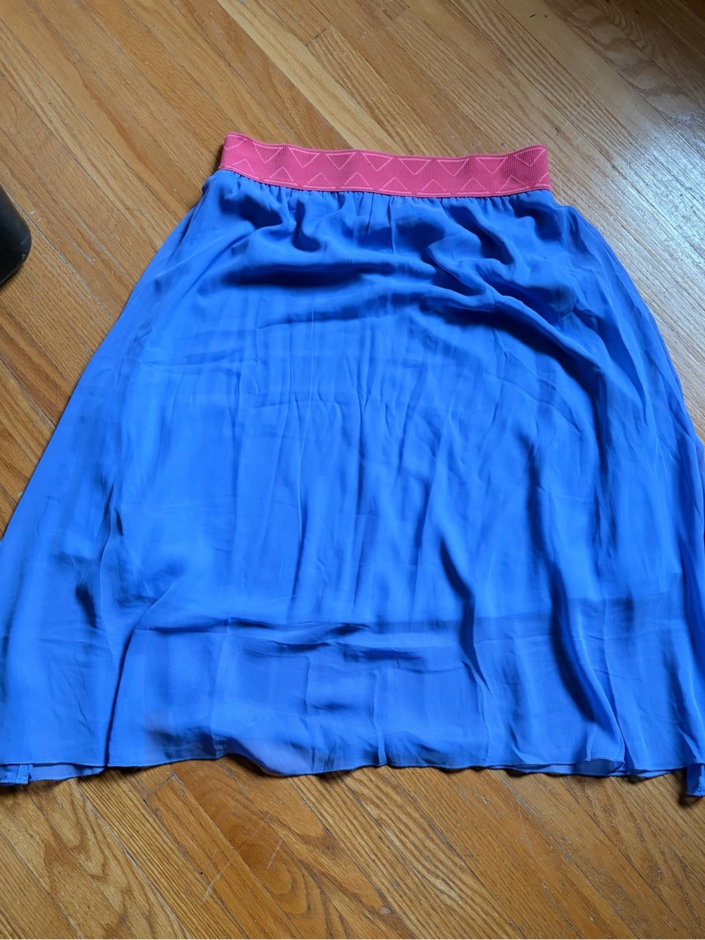Blue Midi Skirt with Pink Elastic Waistband